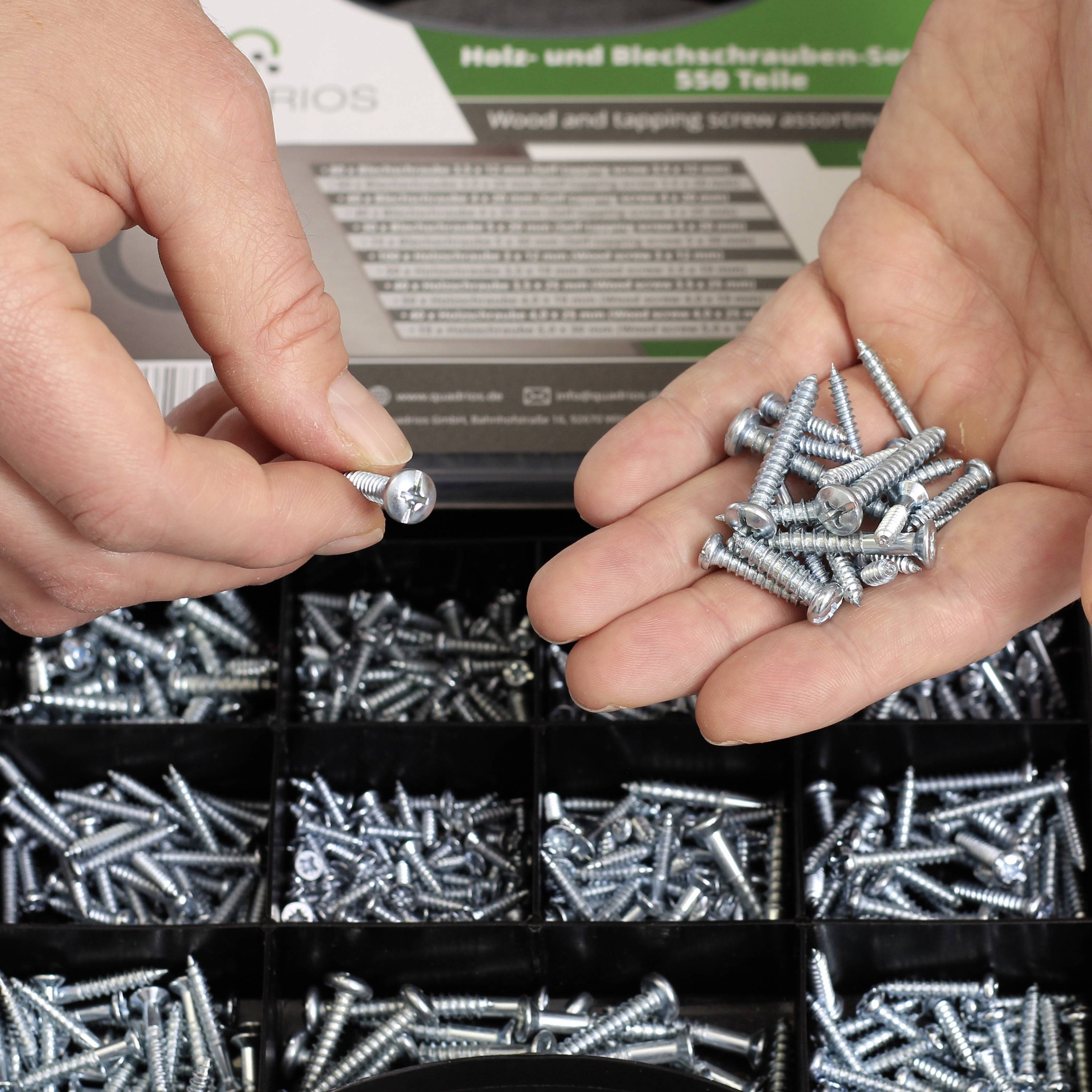 Eine Hand hält mehrere Metallschrauben über einer Kiste mit verschiedenen Schraubenarten; Hintergrund zeigt eine Verpackung.