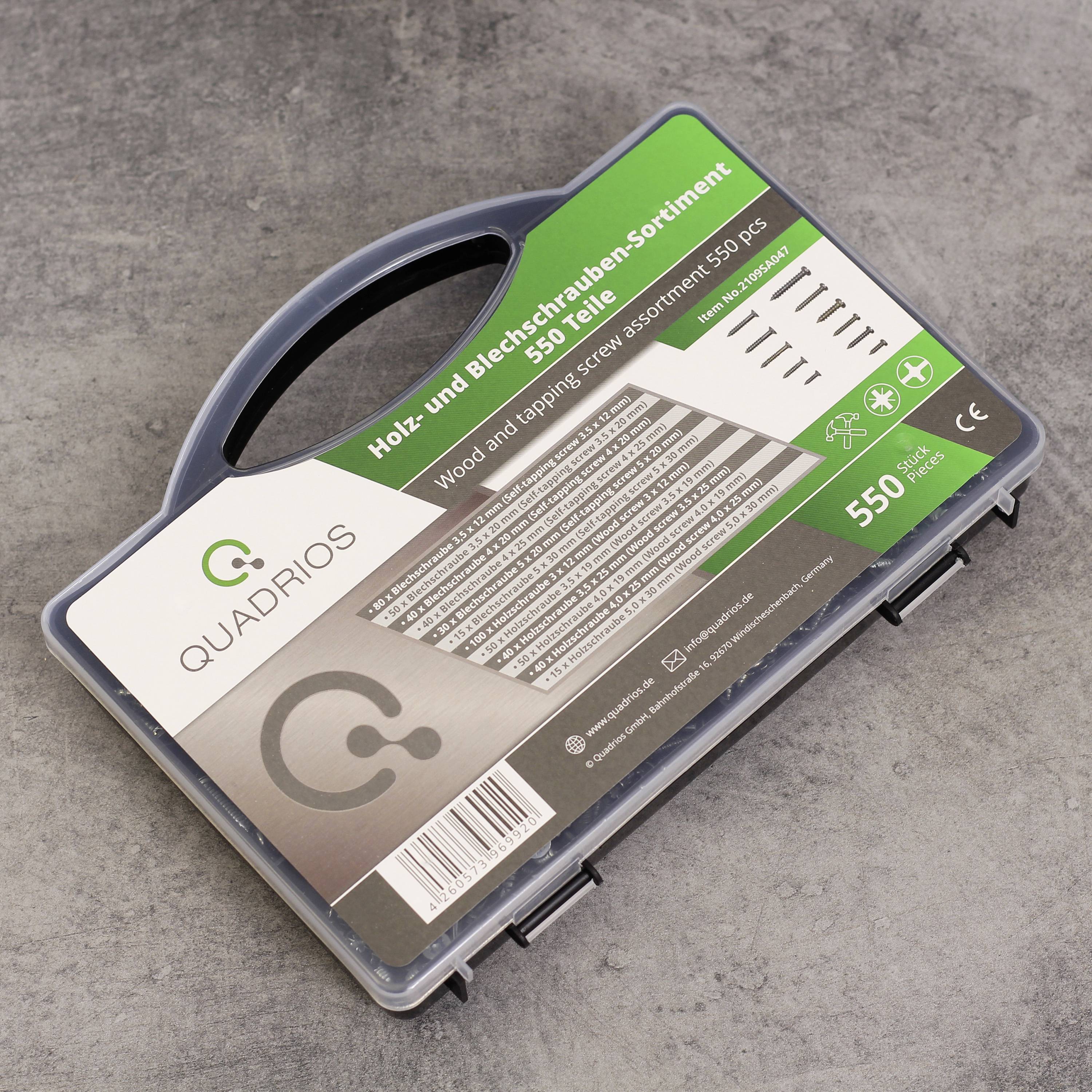 Schraubensortiment in einem transparenten Koffer mit 550 Teilen, blauer Tragegriff. Enthält Holz- und Blechschrauben unterschiedlicher Größe.