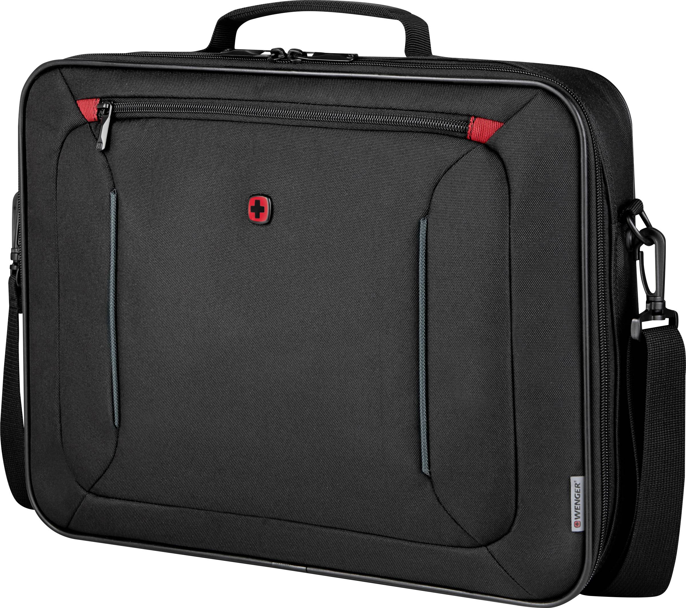 Eine schwarze Laptoptasche mit Tragegriff und Schultergurt, verziert mit roten und grauen Akzenten sowie einem kleinen roten Logo.