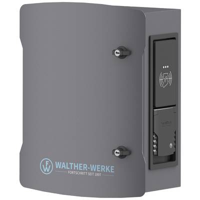 Eine graue Ladestation mit RFID-Kartenleser und Walther-Werke-Logo, geeignet für die Montage an Wänden.