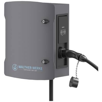 'Ladestation Walther-Werke, graues Gehäuse mit RFID-Symbol und eingelegtem Ladekabel. Fortschritt seit 1897 unter Logo.'