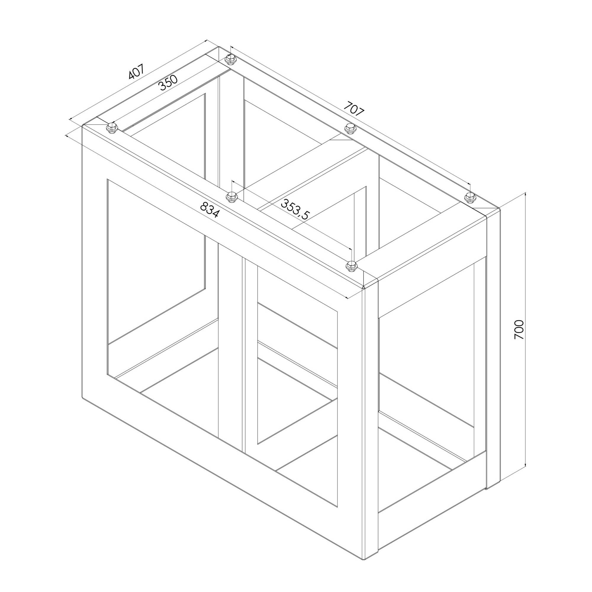 '3D-Modell eines Rechteckrahmens mit Maßangaben in Millimetern: 834x707x700. Verschiedene Seitenlängen und Breiten markiert.'