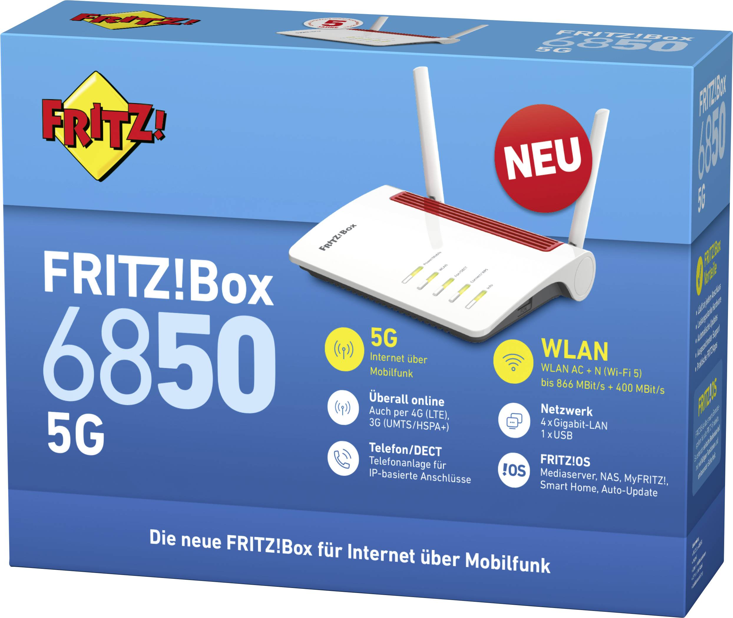 Die Verpackung der FRITZ!Box 6850 5G zeigt einen WLAN-Router mit Funktionen wie 5G-Mobilfunk, Netzwerkanschlüsse und Telefon-DECT.