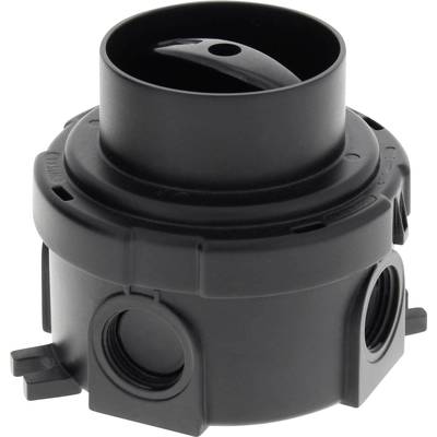 Schwarzes Kunststoffteil mit zylindrischer Form und mehreren Öffnungen, möglicherweise für elektrische oder mechanische Verbindungen.