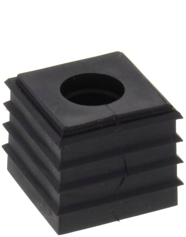 Ein schwarzer, geriffelter Stopfen mit quadratischer Basis und rundem Loch, geeignet zum Verschließen von Rohrenden.