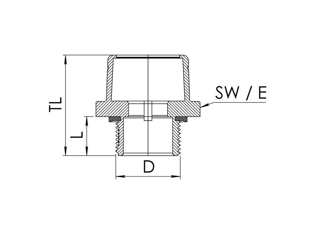 Technische Zeichnung eines Rohrfittings mit Maßangaben: Durchmesser (D), Länge (L), Gesamtlänge (TL), Schlüsselweite (SW/E).