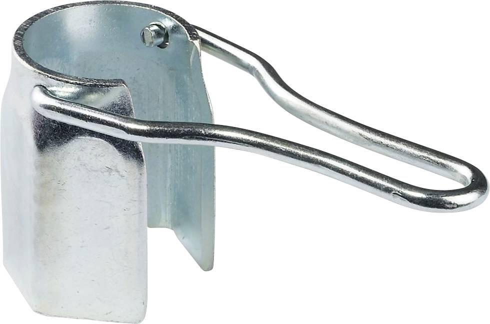 Ein silberner Metallclip mit zwei gebogenen Drähten, die an einem U-förmigen Ende befestigt sind, wahrscheinlich für Papier oder dünne Materialien.