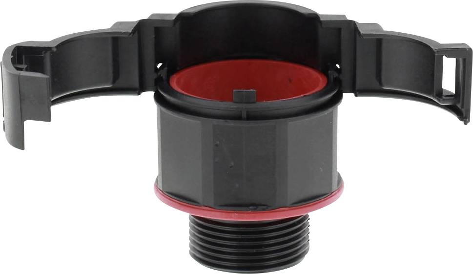 Schwarzer Kunststoffadapter mit rotem Ring und zwei seitlichen Verschlüssen, vermutlich für Verbindungen oder Befestigungen.