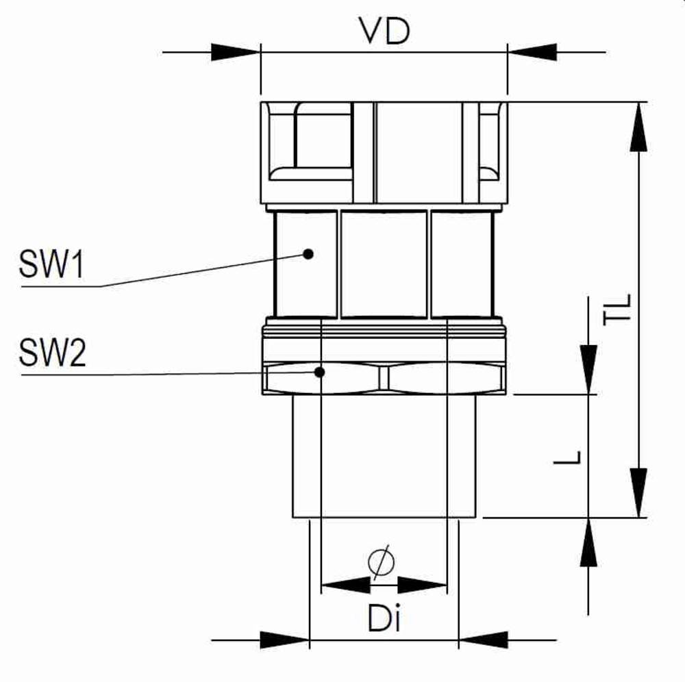 Technische Zeichnung einer mechanischen Komponente mit Maßen: VD, TL, L, Di; Markierungen für SW1 und SW2.
