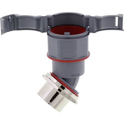 Graues Kunststoffventil mit rotem Dichtungsring und einer Metallbefestigung. Es dient zur Rohrverbindung in Wassersystemen.