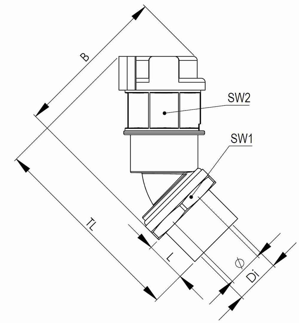 Technische Zeichnung eines Ventils mit Beschriftungen: SW1, SW2. Zeigt Maße: B, TL, L, Di. Linien und Symbole verdeutlichen Dimensionen.
