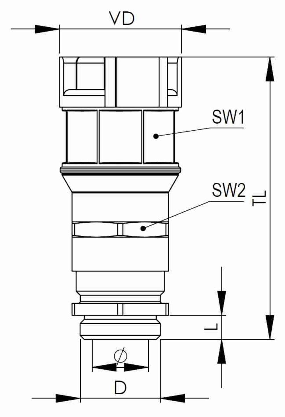 Technische Zeichnung eines Ventils mit Beschriftungen: 'VD', 'SW1', 'SW2', 'TL', und 'D', die unterschiedliche Maße kennzeichnen.