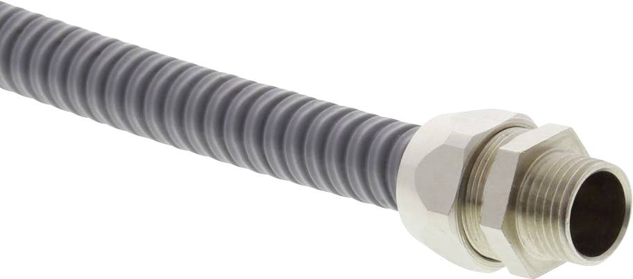 Flexibler grauer Metallschlauch mit einer Edelstahl-Überwurfmutter an einem Ende, häufig für Rohrverbindungen genutzt.