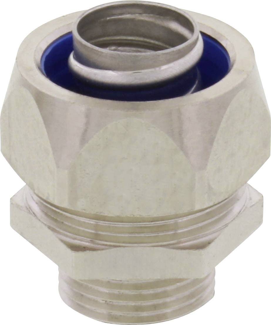 Metallstecker mit geriffelter Oberfläche und blauem Innenring, geeignet für industrielle Anwendungen, zeigt Anschlusskomponente.
