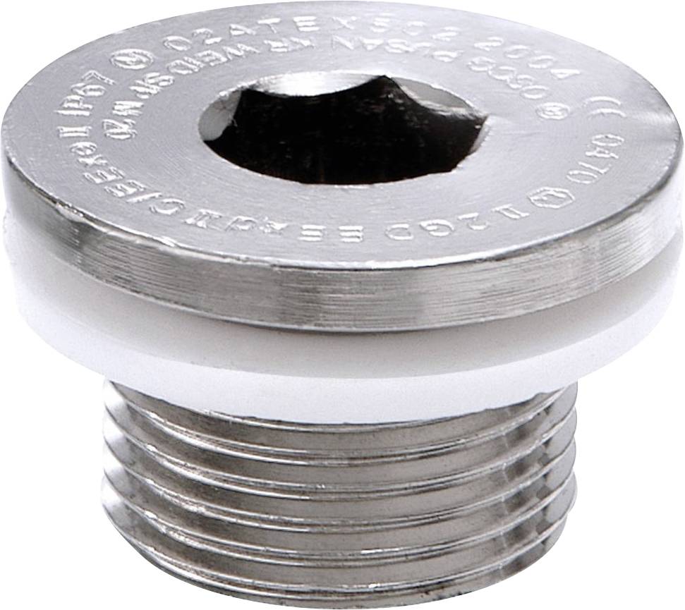 Ein silberner zylindrischer Metallstopfen mit weißem Dichtungsring, gewindemäßig verstellbar und meist für industrielle Anwendungen geeignet.