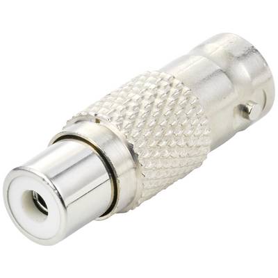 Ein Metalladapter mit BNC-Stecker auf RCA-Buchse, häufig für Videoverbindungen in Audio- und Videoanwendungen verwendet.