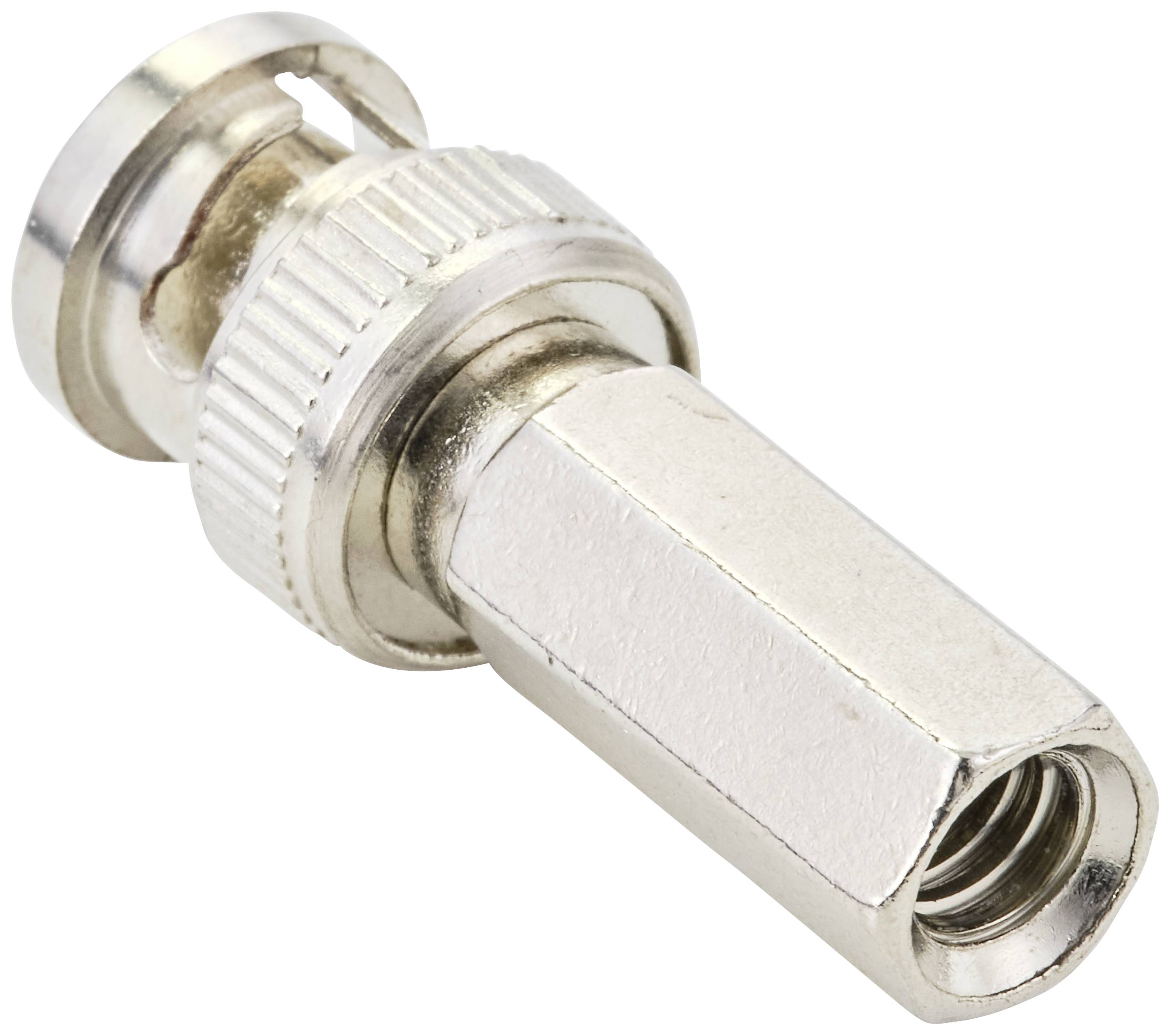 Ein Metalladapter mit geriffeltem Rand und Gewinde, oft verwendet in der Verbindungstechnik für Kabelanschlüsse.