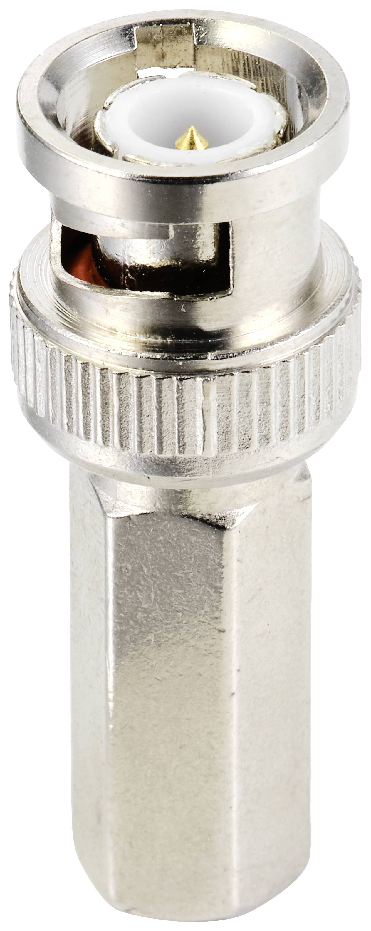 Ein silberner BNC-Stecker, verwendet für Koaxialkabelverbindungen, detailliert dargestellt gegen einen weißen Hintergrund.