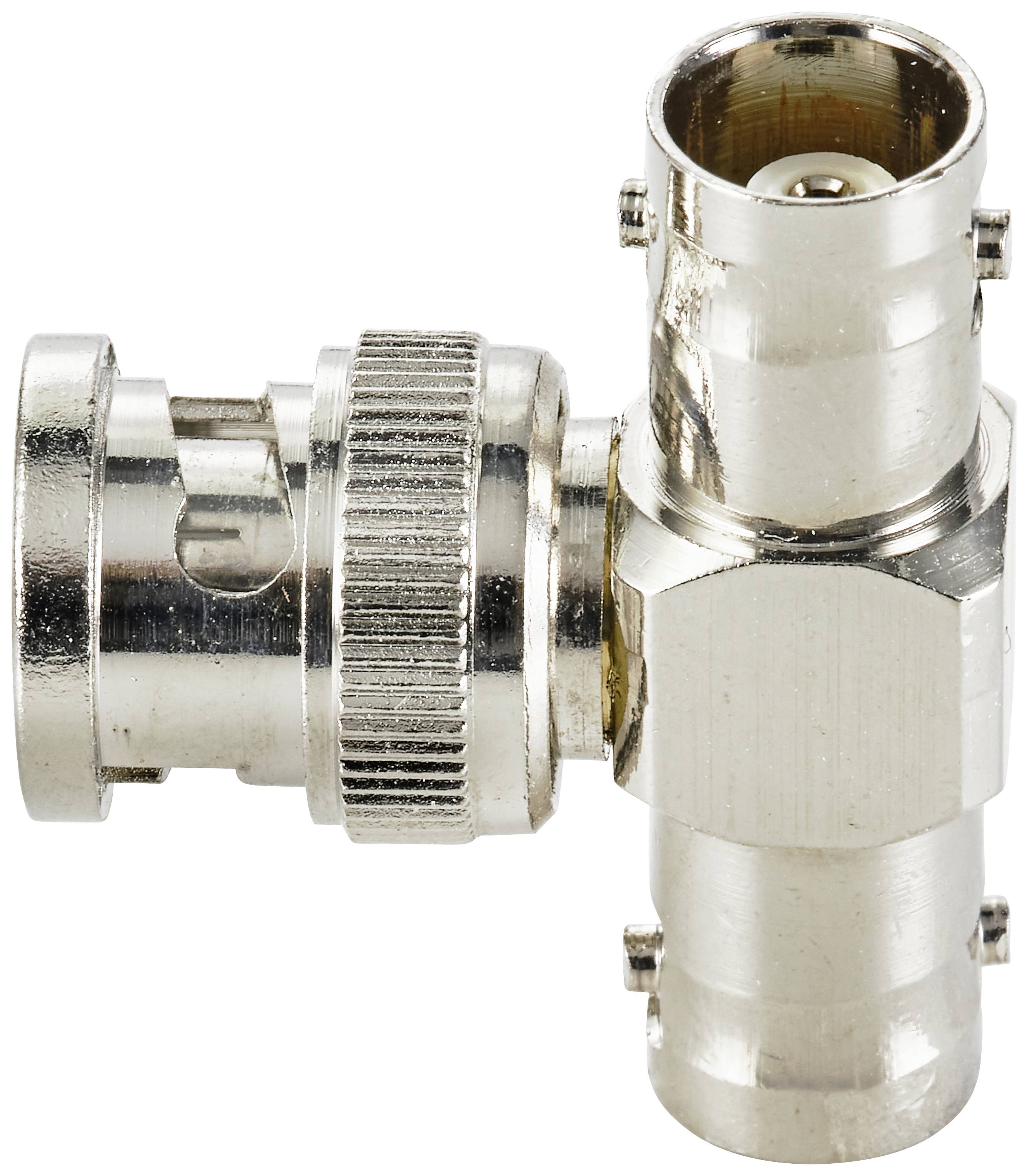 Ein T-Stück BNC-Stecker für Koaxialkabel-Verbindungen, geeignet für die Verteilung von Video- oder HF-Signalen.