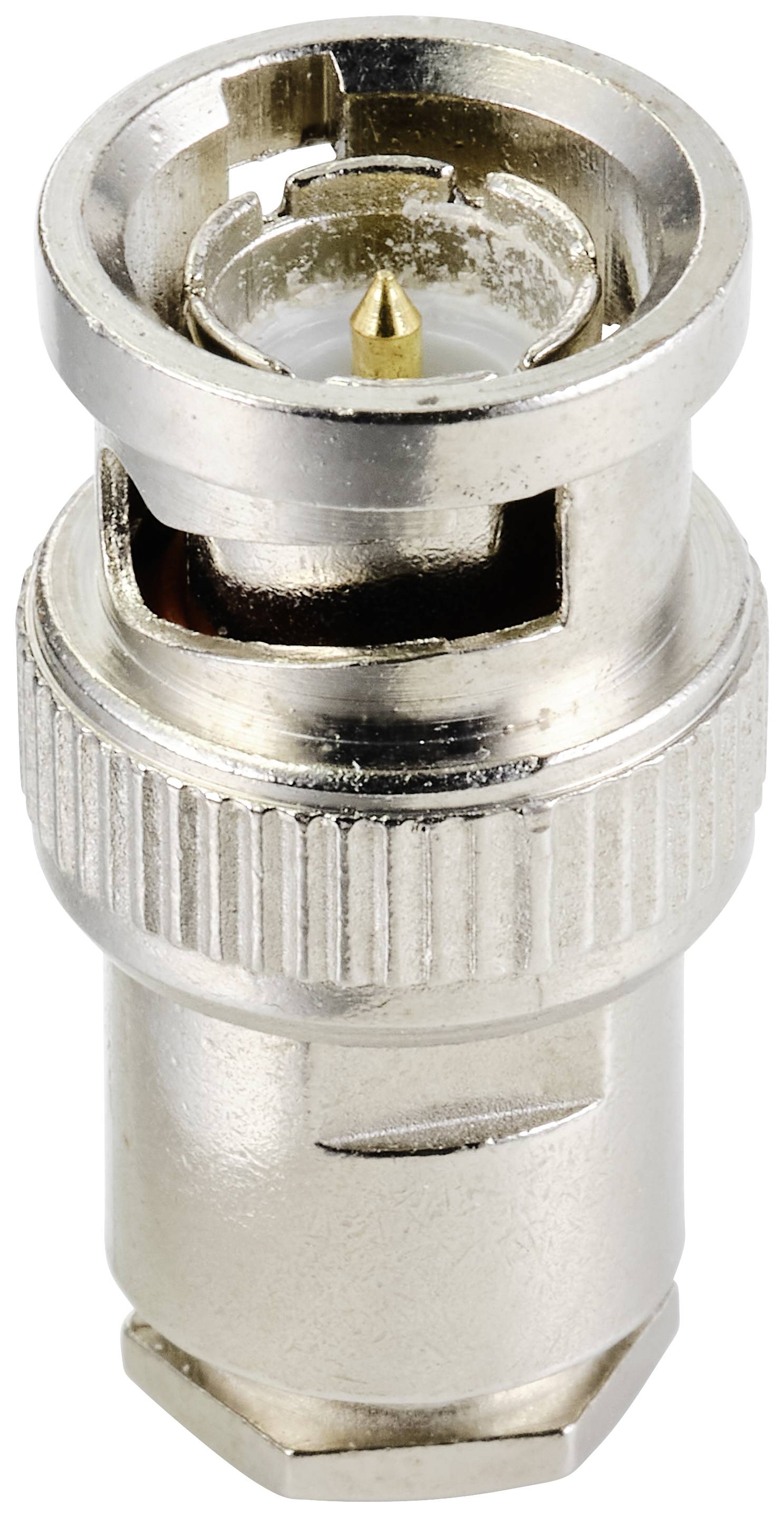 Ein silberner Koaxialstecker mit geriffeltem Gehäuse und zentralem Stift. Verwendet für die Verbindung in elektronischen Geräten.