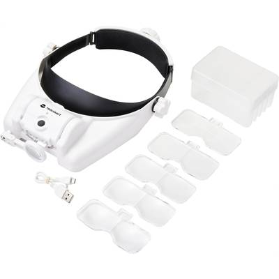 Lupenbrille-Set mit Kopfbügel, mehreren austauschbaren Linsen, USB-Kabel und Aufbewahrungsbox. Ideal für feine Detailarbeiten.