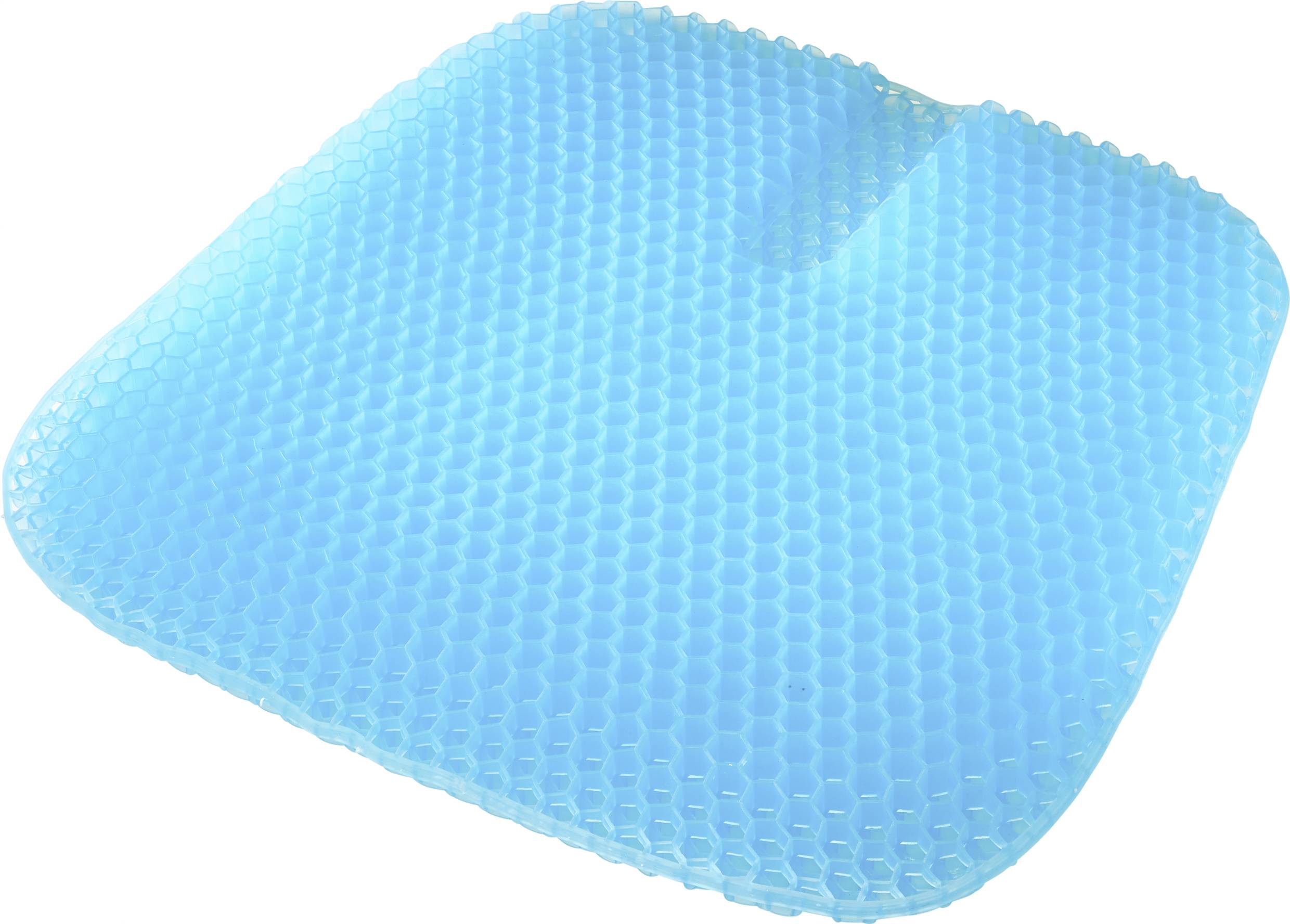 Ein blauer Gel-Sitzkissen mit wabenartiger Textur, dient zur Druckentlastung und verbessert den Sitzkomfort.