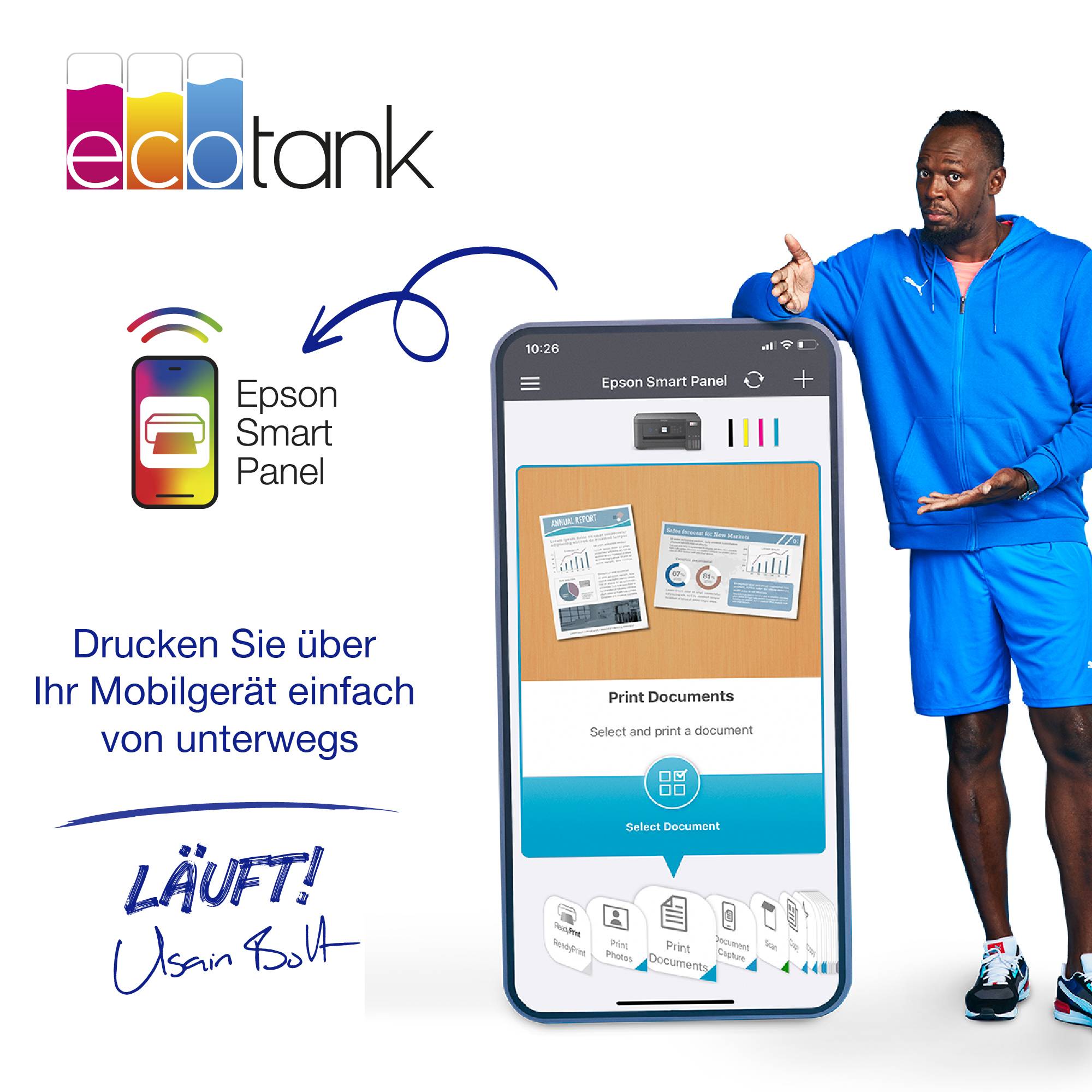 'Person in blauem Outfit zeigt auf ein Smartphone mit der Epson Smart Panel App. Text: Drucken Sie über Ihr Mobilgerät einfach und bequem.'