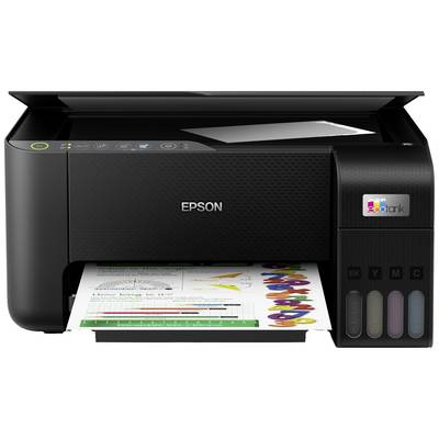 Ein schwarzer Epson-Drucker druckt ein farbiges Diagramm und Dokument. Auf der Vorderseite sind Tintentanks sichtbar.