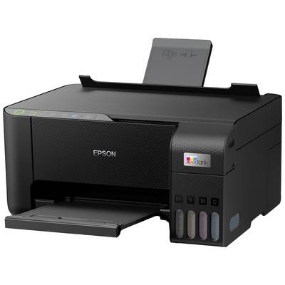 Schwarzer Epson-Drucker mit Farbtintentanks auf der rechten Seite. Oben befindet sich ein Papiereinzug. Geeignet für Heim- oder Bürogebrauch.
