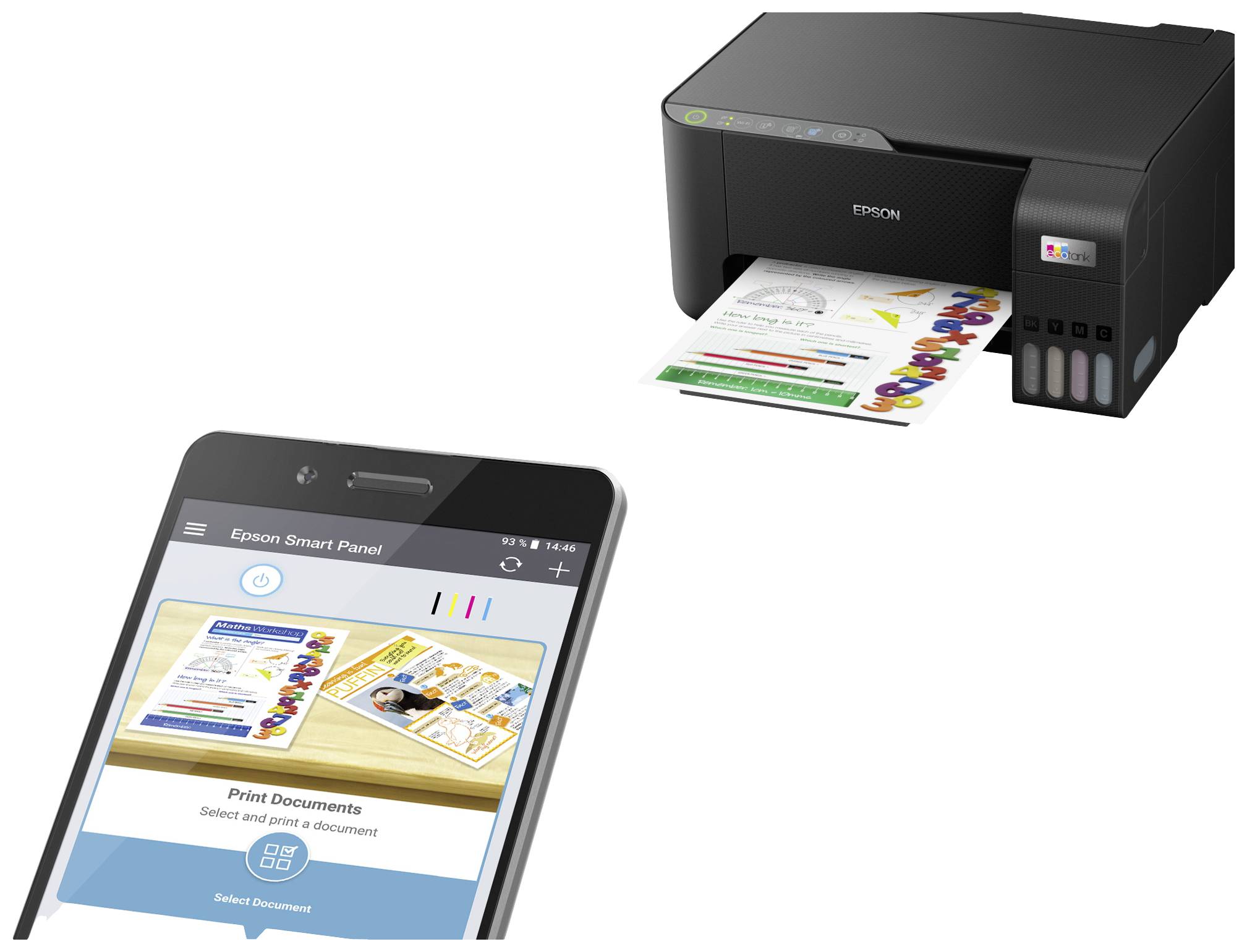 Drucker mit einem Dokument und Smartphone mit geöffnetem Epson Smart Panel zur Dokumentenverwaltung.