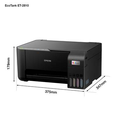 Ein schwarzer Epson EcoTank ET-2810 Drucker mit Maßen: 375 mm lang, 347 mm breit, 179 mm hoch. Links Tintenbehälter sichtbar.