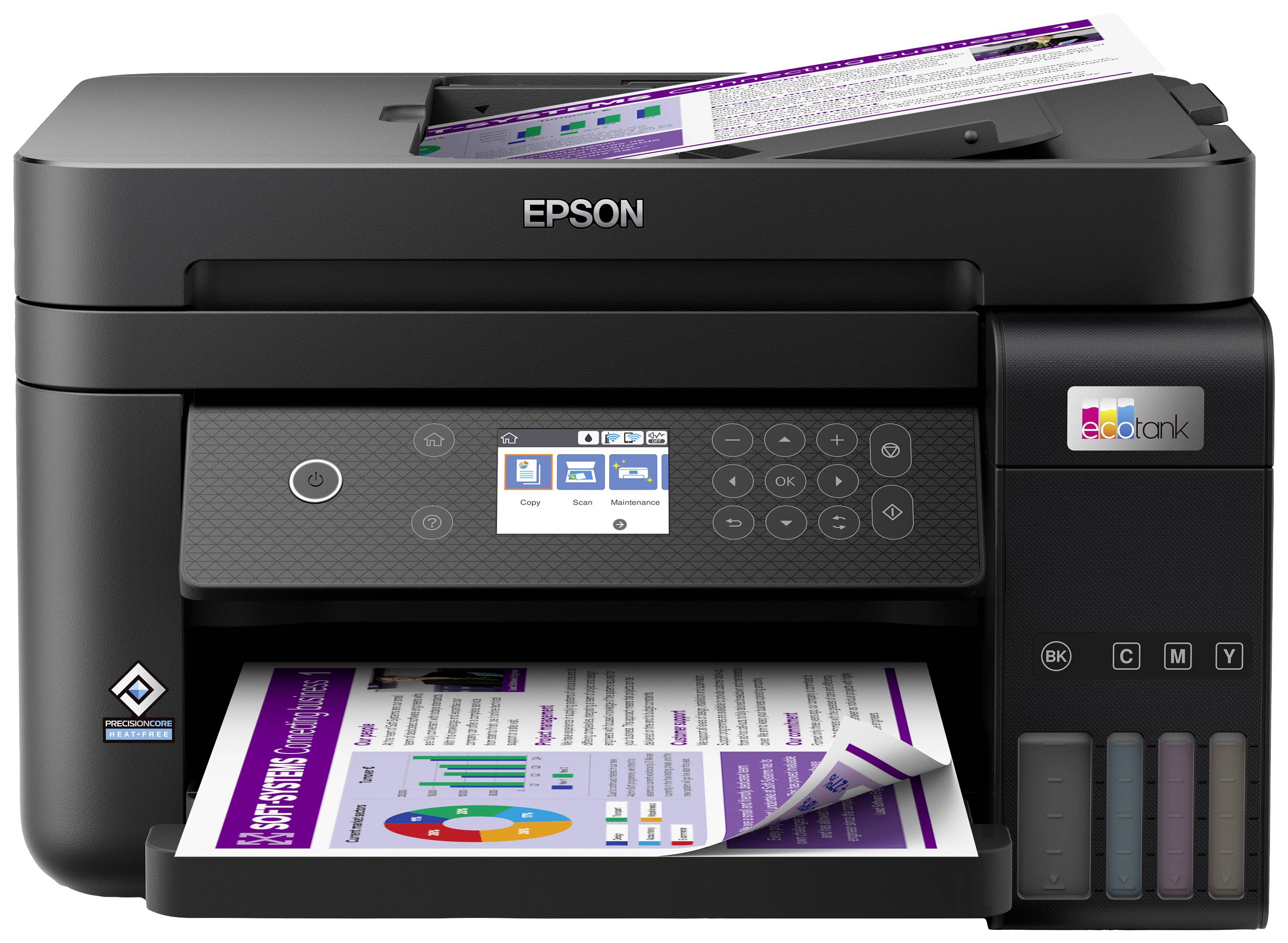 Ein schwarzer Epson-Drucker mit Digitalanzeige druckt ein farbiges Dokument aus. Das Dokument enthält Grafiken und Text.