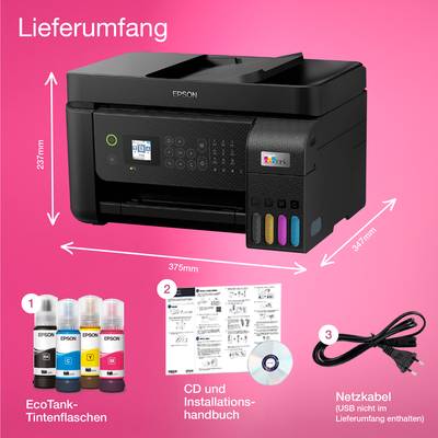 Multifunktionsdrucker auf rosa Hintergrund, mit Tintenflaschen, CD, Handbuch und Netzkabel abgebildet. Maße: 375x347x237 mm.