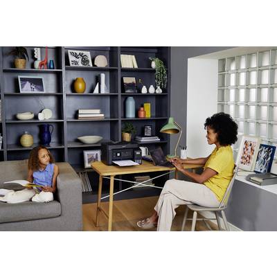 Eine Frau arbeitet an einem Laptop an einem Tisch mit einem Drucker, während ein Kind auf dem Sofa sitzt und ein Buch liest. Regal im Hintergrund.