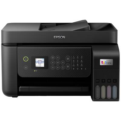 Schwarz-grauer Multifunktionsdrucker mit LCD-Display, Kopierfunktionstasten und separaten Tintentanks für BK, C, M, Y.