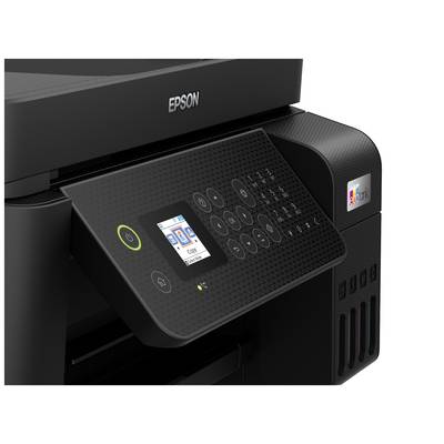 Drucker mit Display und Tastenfeld, Marke Epson, mit Tintenfüllstandsanzeige rechts.