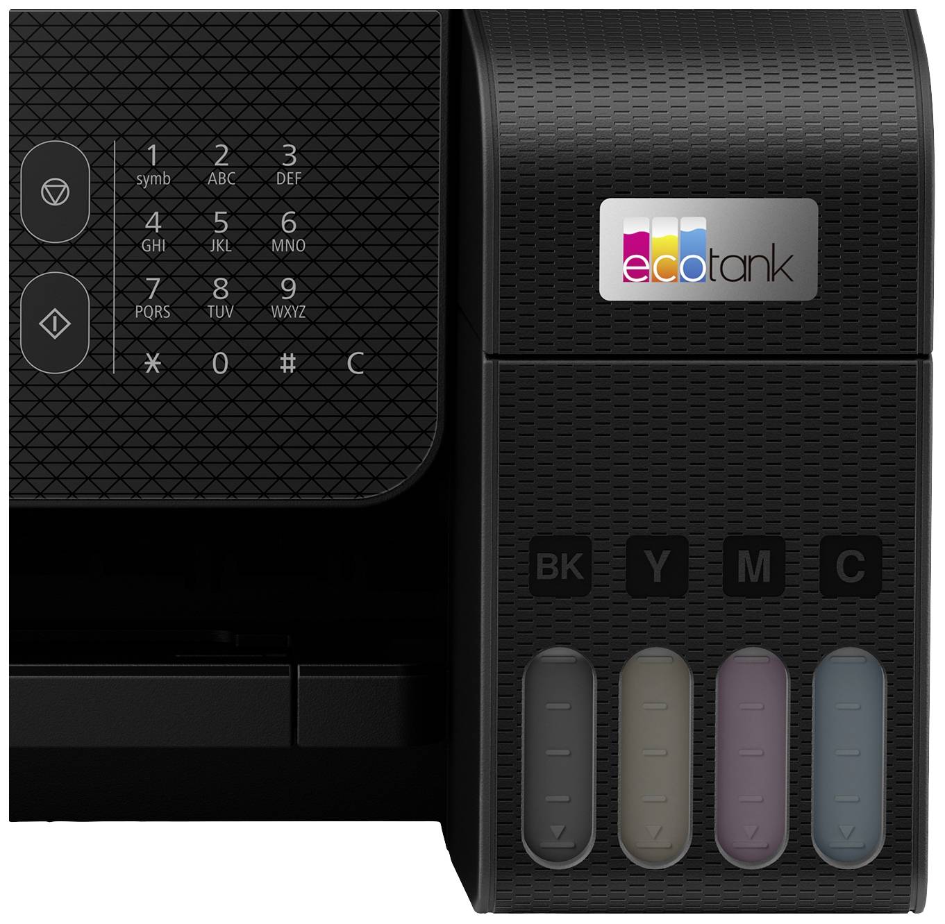 Schwarzer Drucker mit einem Bedienfeld links und vier sichtbaren Tintentanks rechts, beschriftet mit 'BK', 'Y', 'M', 'C'.