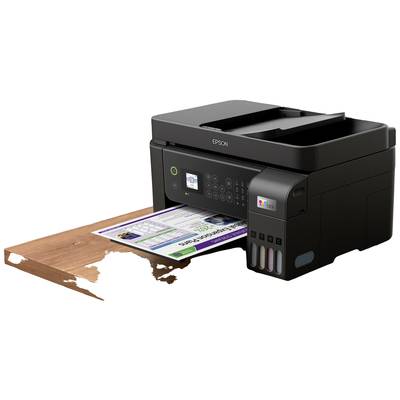 Schwarzer Drucker mit Papierausgabe. Auf dem Display ist ein grüner Leuchtknopf sichtbar. Rechts sind Tintenstandsanzeigen.