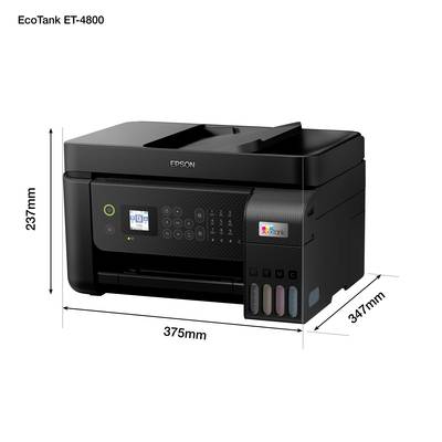 Drucker 'Epson EcoTank ET-4800' mit den Maßen 375mm Breite, 347mm Tiefe und 237mm Höhe. Schwarze Farbe und Display an der Front.