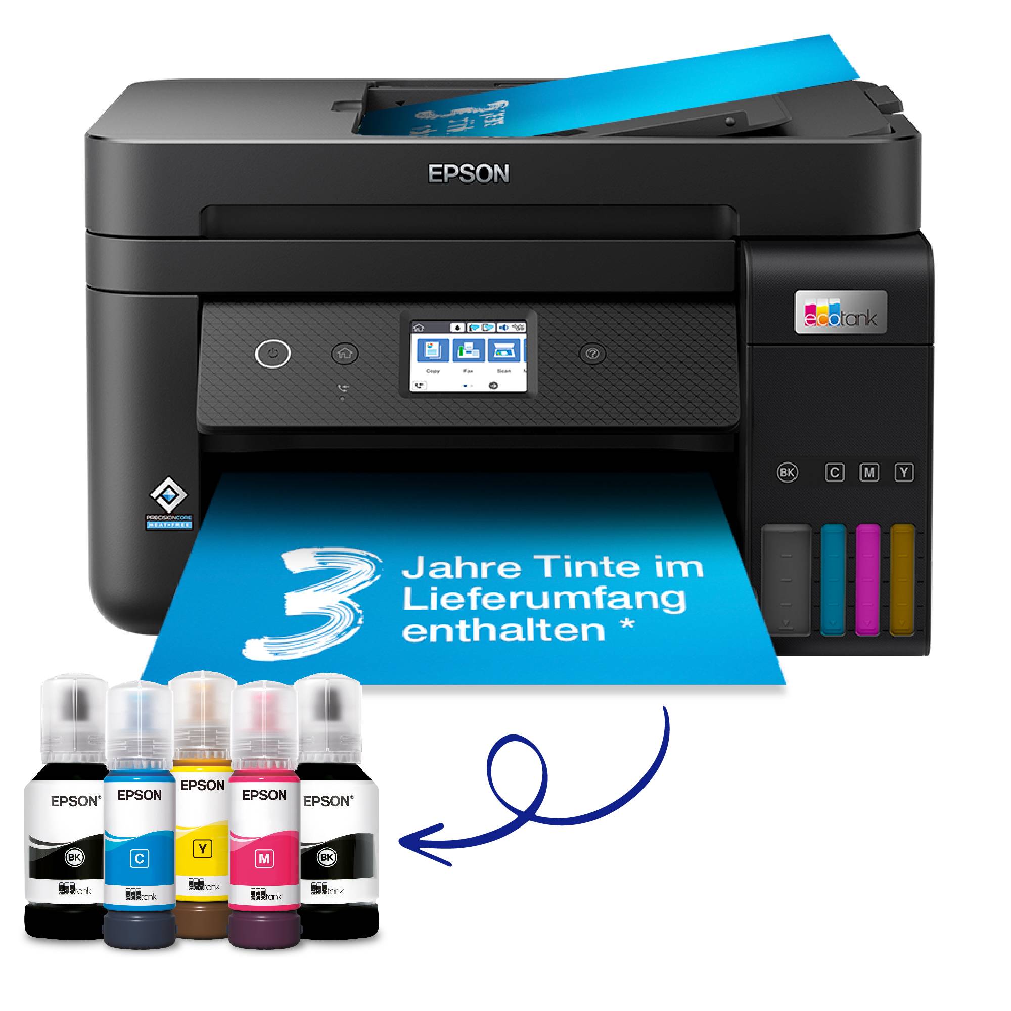 Multifunktionsdrucker von Epson druckt blauen Bogen. Darunter vier Tintenflaschen in verschiedenen Farben. Text: '3 Jahre Tinte im Lieferumfang enthalten'.