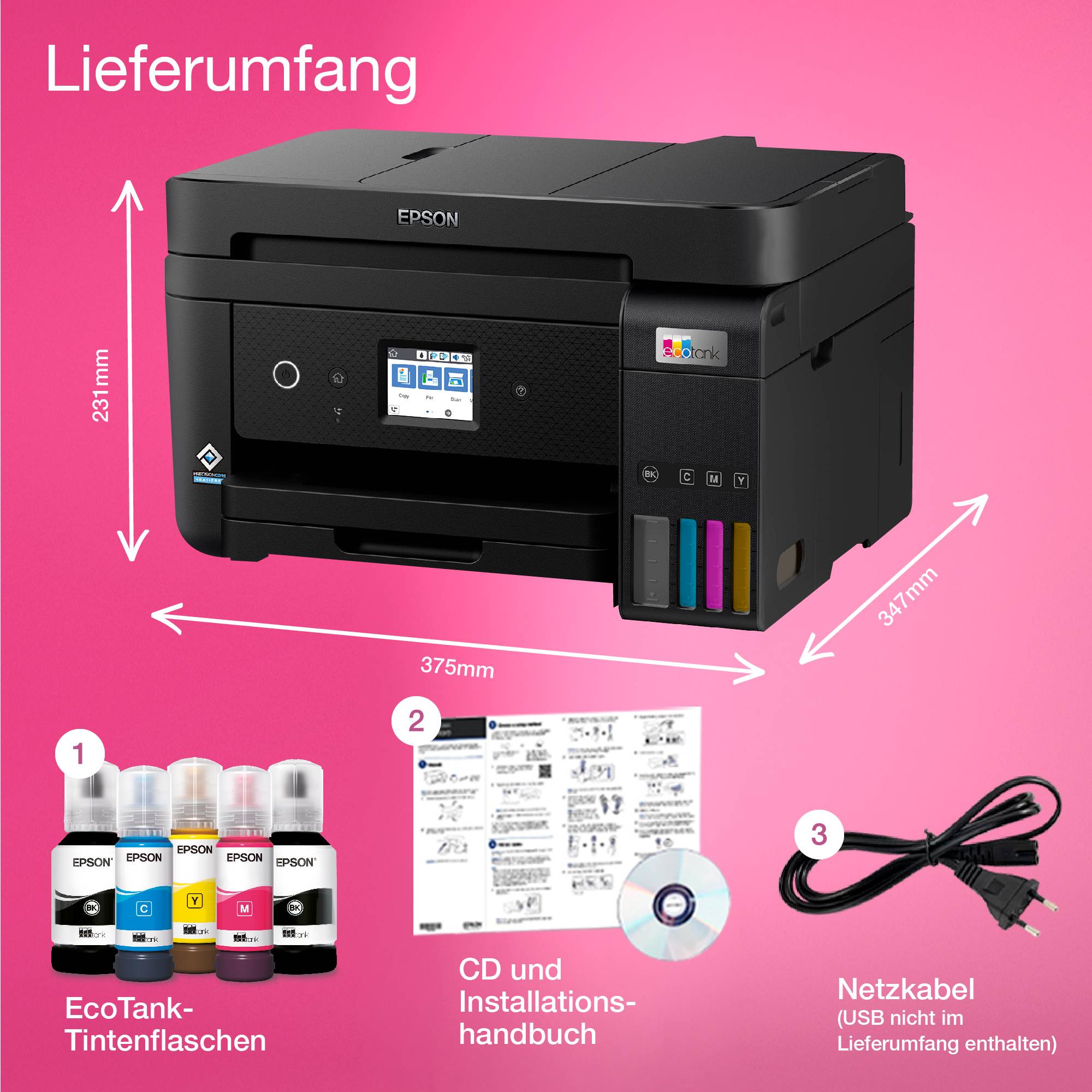 Im Lieferumfang eines Epson-Druckers enthalten: Drucker, EcoTank-Tintenflaschen, CD und Installationshandbuch, Netzkabel.