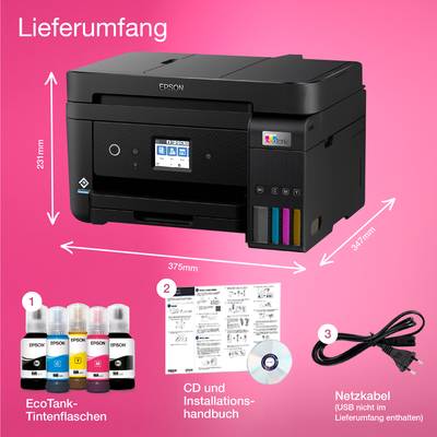 Im Lieferumfang eines Epson-Druckers enthalten: Drucker, EcoTank-Tintenflaschen, CD und Installationshandbuch, Netzkabel.