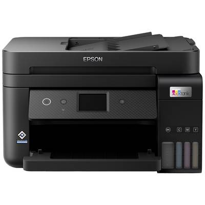 Ein schwarzer Multifunktionsdrucker mit Tastenfeld und Display in der Mitte. Rechts sind vier Tintentanks erkennbar.