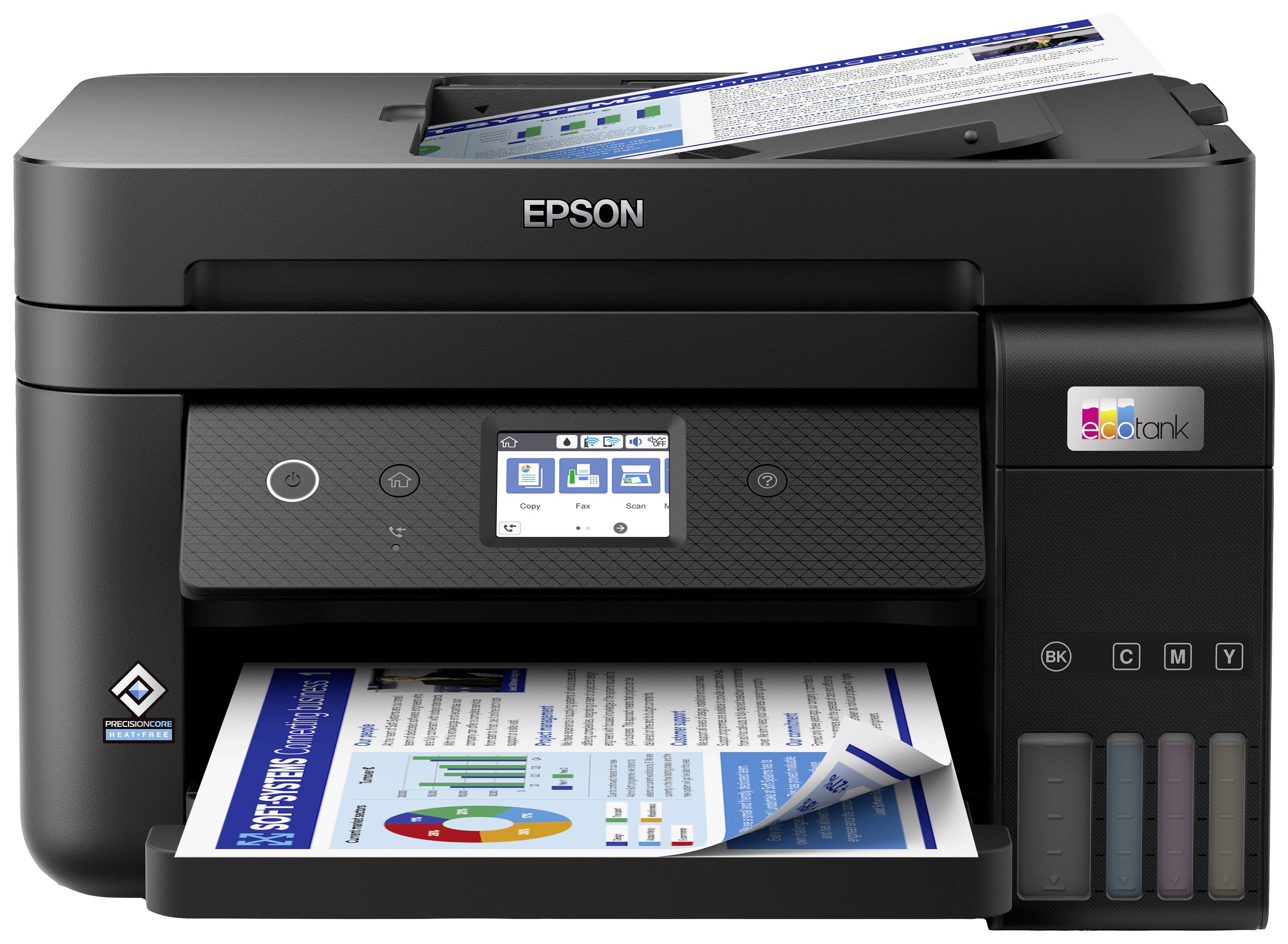 Ein Epson-Drucker druckt ein buntes Dokument mit Diagrammen und Text. Auf dem Display sind Druckoptionen sichtbar.