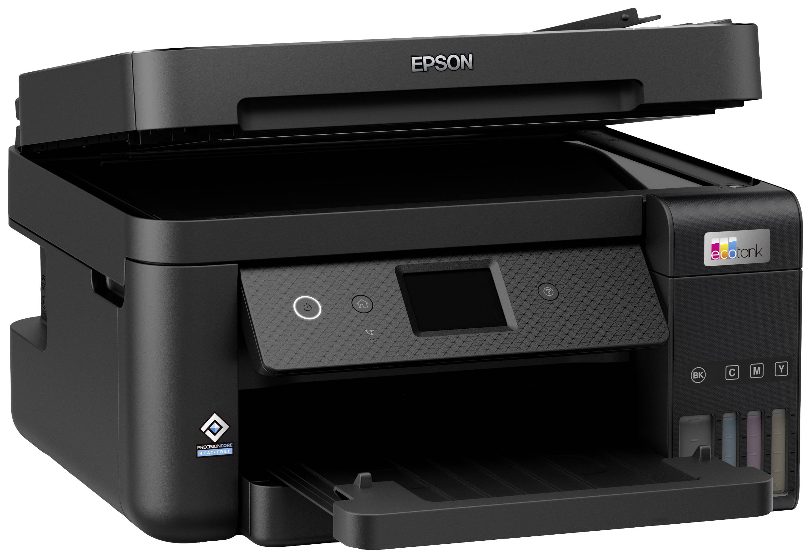 Ein schwarzer Epson-Drucker mit offenem Papiereinzug wird gezeigt. Das Bedienfeld mit mehreren Tasten und einem kleinen Display ist sichtbar.