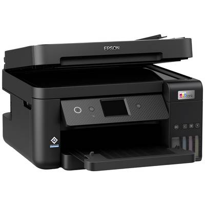 Ein schwarzer Epson-Drucker mit offenem Papiereinzug wird gezeigt. Das Bedienfeld mit mehreren Tasten und einem kleinen Display ist sichtbar.