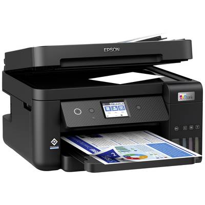 Ein schwarzer Multifunktionsdrucker mit eingescanntem Dokument. Digitales Display und Bedienfeld vorne, Papierablage unten.