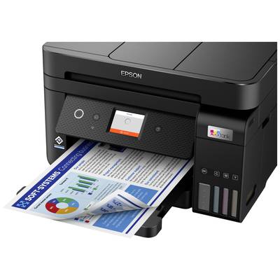 Ein schwarzer Drucker druckt ein Blatt Papier mit Diagrammen und Text. Das Display zeigt einen blauen und orangefarbenen Kreis.