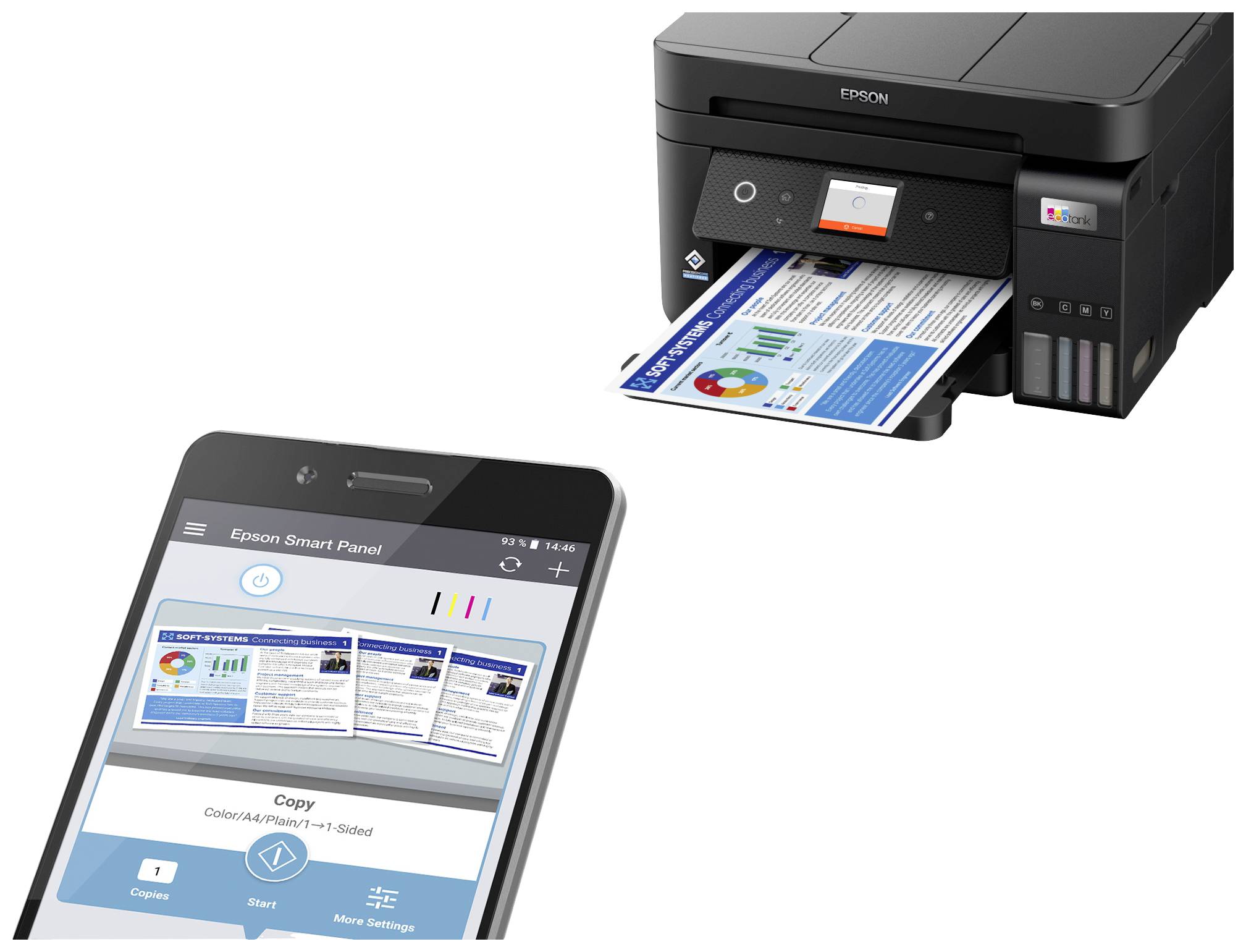 Ein Smartphone zeigt die App 'Epson Smart Panel', während ein Epson-Drucker ein Dokument mit Diagrammen und Text druckt.