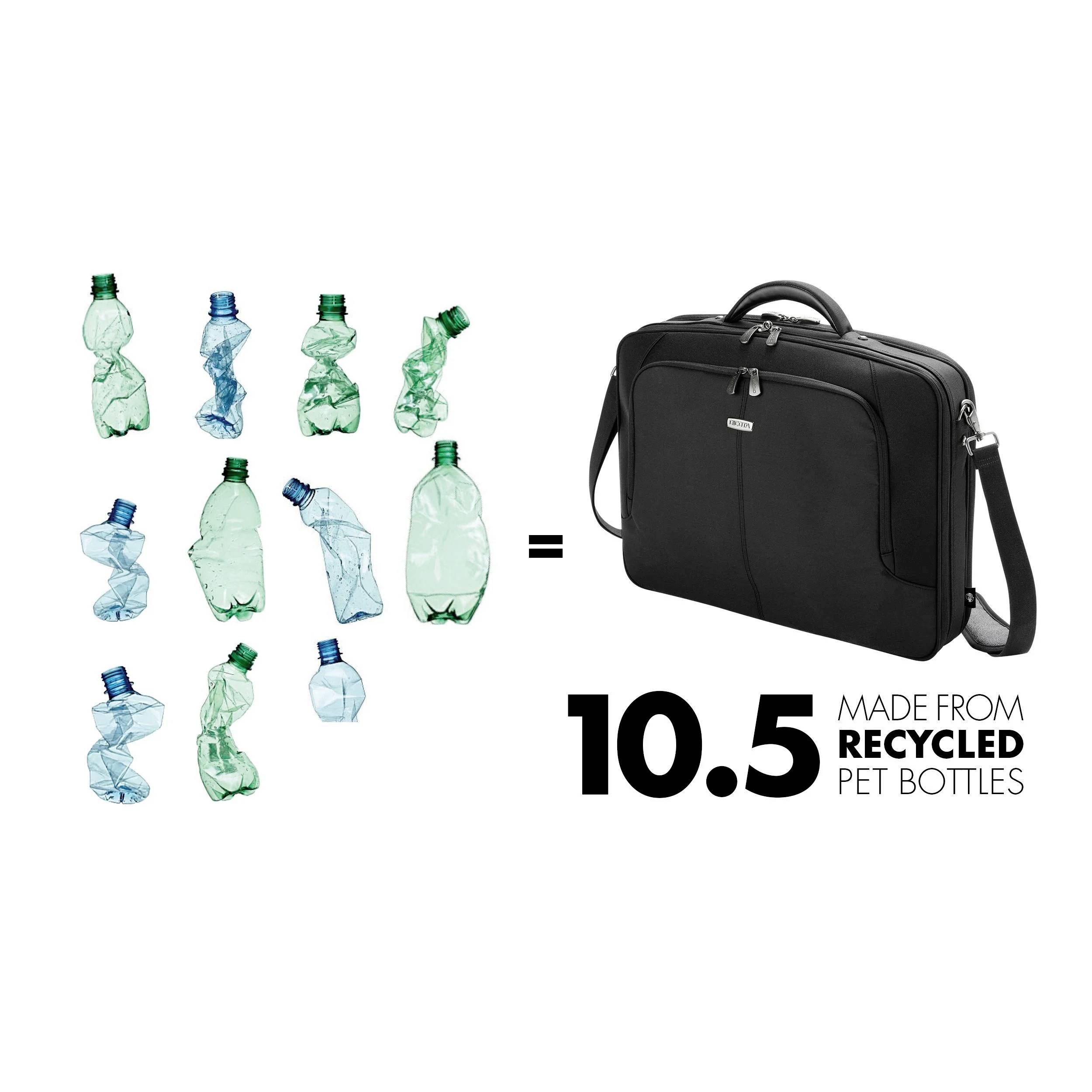 '10,5 Plastikflaschen = 1 Tasche' zeigt, dass die Tasche aus recycelten PET-Flaschen besteht. Links zerknitterte Flaschen, rechts eine Tasche.